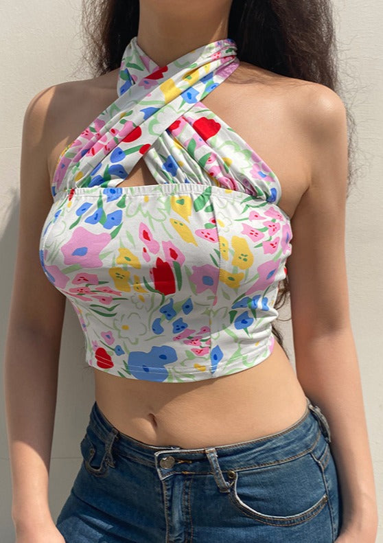 Backless Floral Print Strappy Crop Top
