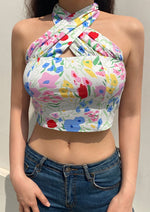 Load image into Gallery viewer, Backless Floral Print Strappy Crop Top
