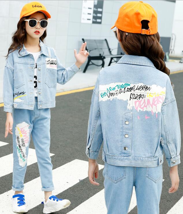 Clothing Factory Online Wholesale Girl Print Denim jacket And Jeans Two Piece Sets