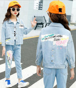 Load image into Gallery viewer, Clothing Factory Online Wholesale Girl Print Denim jacket And Jeans Two Piece Sets
