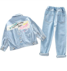 Clothing Factory Online Wholesale Girl Print Denim jacket And Jeans Two Piece Sets
