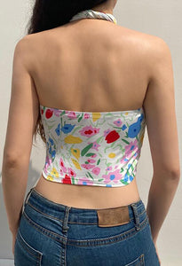 Backless Floral Print Strappy Crop Top