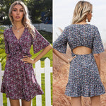 Load image into Gallery viewer, France Style Print Ruffle Slit Waist Back Dresses From Fashionriva
