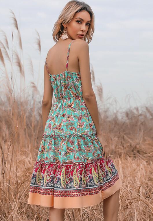 Floral Strappy Placement Print Midi Ruffle Dress