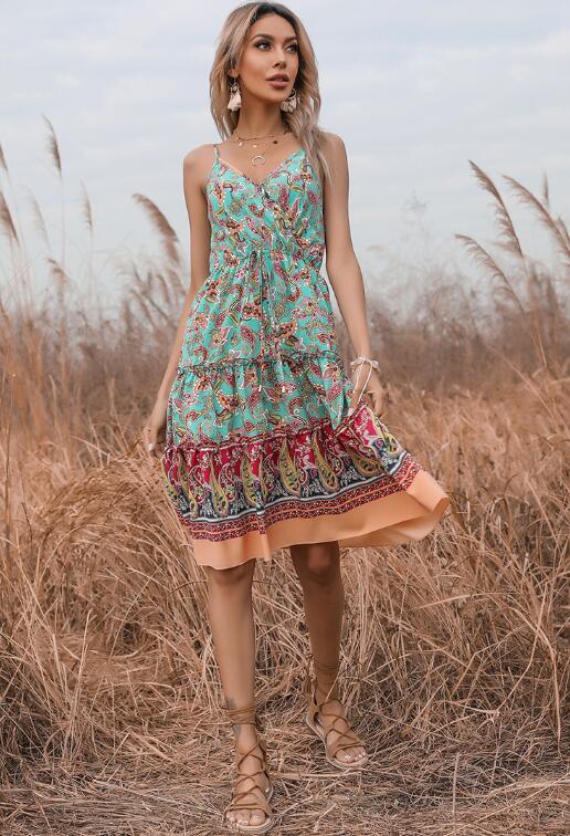 Floral Strappy Placement Print Midi Ruffle Dress