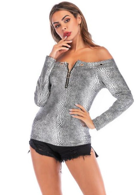 Chic Silver Print Strapless Bodycon Top Tee